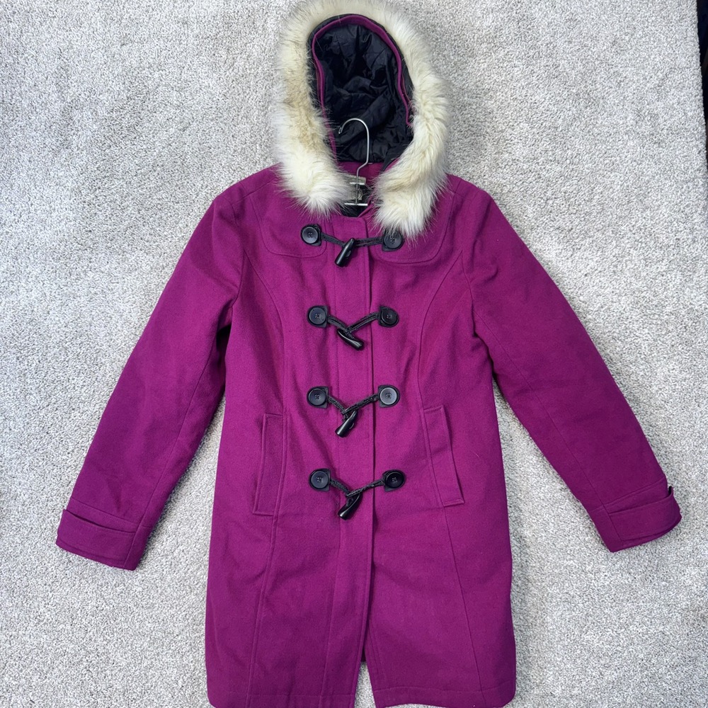 L.L. Bean Duffle Coat Women XS 0JN56 Magenta Purple Toggle Faux Fur Hood